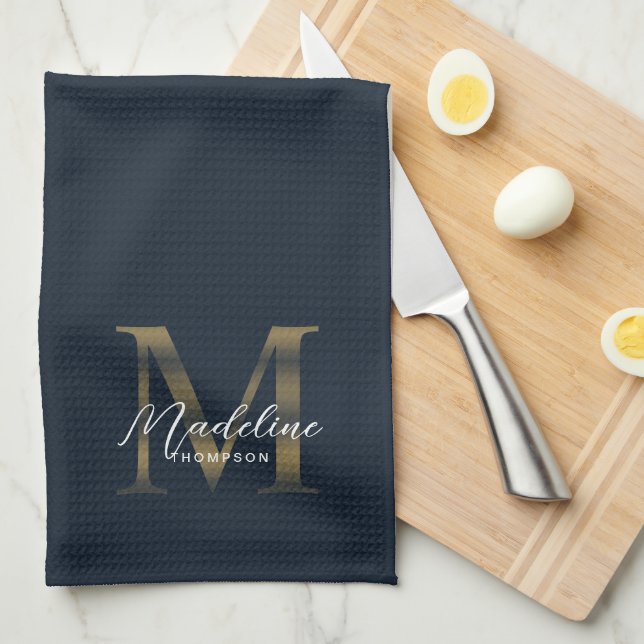 Elegant Script Metallic Navy Blue Gold Monogram Tea Towel (Quarter Fold)