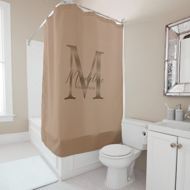 Elegant Script Metallic Taupe Gold Monogram Shower Curtain (In Situ)