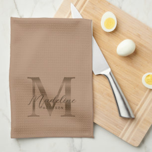 Elegant Script Metallic Taupe Gold Monogram Tea Towel