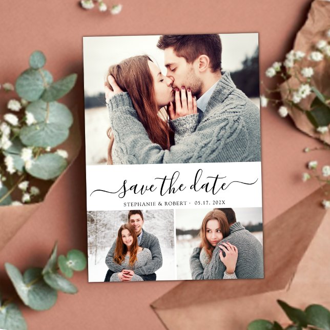 Elegant Script Minimal 3 Photo Collage Wedding Save The Date (Creator Uploaded)