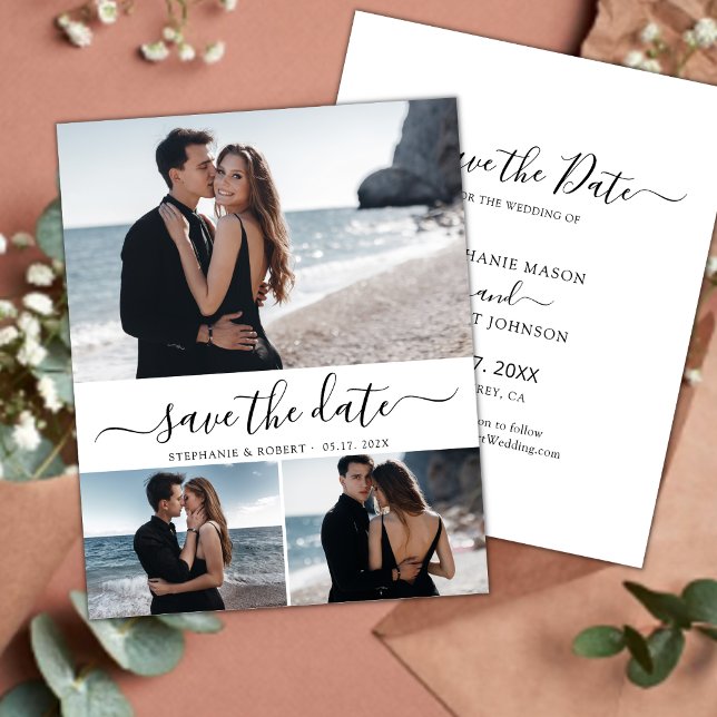Elegant Script Minimal 3 Photo Collage Wedding Save The Date (Creator Uploaded)