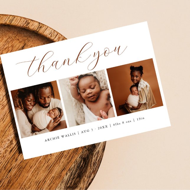 Elegant Script Minimal 3 Photo Thank You New Baby Announcement (Creator Uploaded)