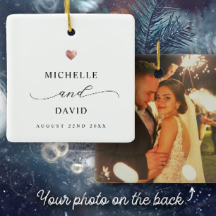 Elegant Script Minimal Rose Gold Heart Wedding Ceramic Ornament