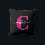 Elegant Script Minimalist Black Pink Monogram Name Cushion<br><div class="desc">This monogram and first name throw pillow makes a bold yet minimalist statement. The pink and white monogram and name against the black pillow makes it a perfect accent piece for your family room sofa or bedroom reading nook. This double-sided pillow can be customised with two modern and beautifully complementary...</div>