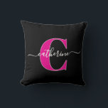 Elegant Script Minimalist Black Pink Monogram Name Cushion<br><div class="desc">This monogram and first name throw pillow makes a bold yet minimalist statement. The pink and white monogram and name against the black pillow makes it a perfect accent piece for your family room sofa or bedroom reading nook. This double-sided pillow can be customised with two modern and beautifully complementary...</div>