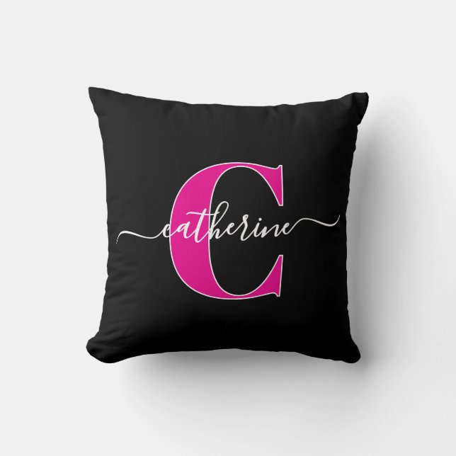 Elegant Script Minimalist Black Pink Monogram Name Cushion (Front)
