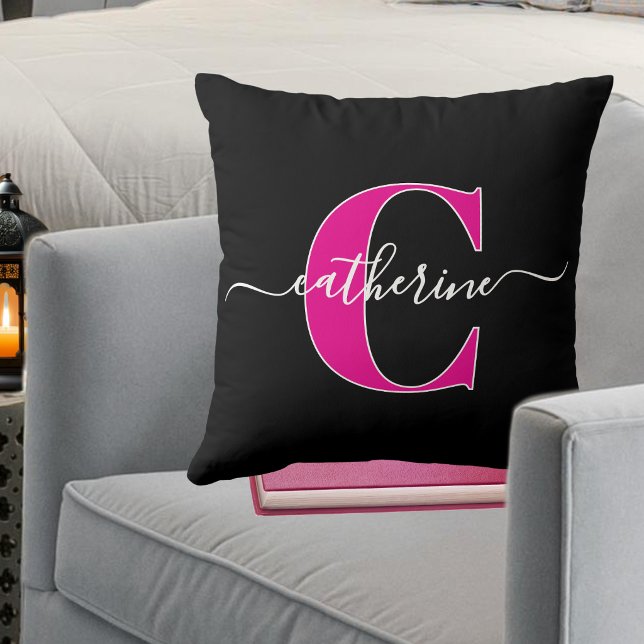 Elegant Script Minimalist Black Pink Monogram Name Cushion (Custom Simple Elegant Monogram Hot Pink Script Black Throw Pillow)