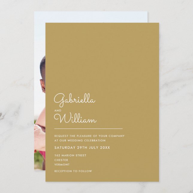 Elegant Script Minimalist Gold Photo Wedding Invitation (Front/Back)