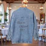Elegant Script Minimalist Wedding Denim Jacket<br><div class="desc">Elevate your wedding style with our Elegant Script Minimalist Wedding Denim Jacket. This trendy jacket can be customized with the names of the bride and groom,  along with the special date. Perfect for adding a personal touch to your big day!</div>