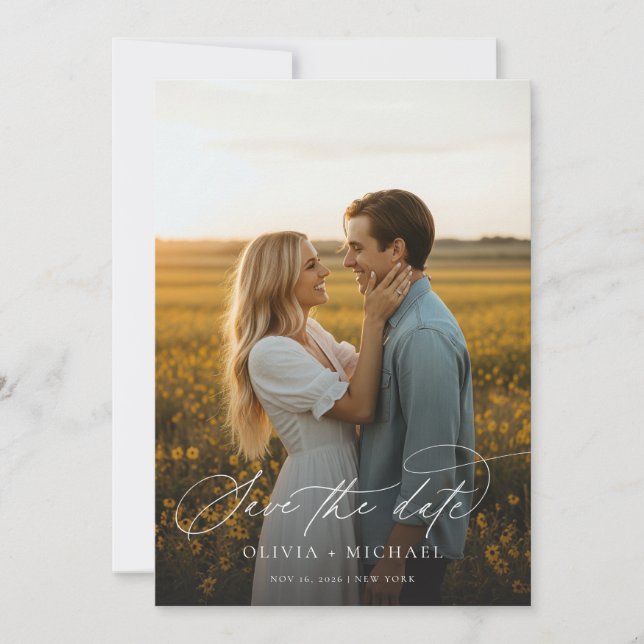 Elegant Script Minimalist Wedding Photo Save The Date (Front)