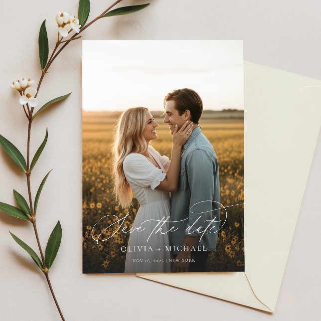 Elegant Script Minimalist Wedding Photo Save The Date (Creator Uploaded)