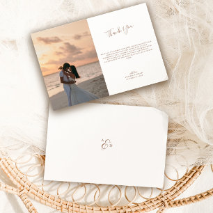 Elegant Script Mocha Monogram Wedding Photo Thank You Card