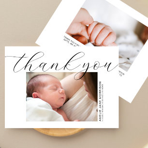 Elegant Script Modern 2 Baby Photos Birth Thank You Card
