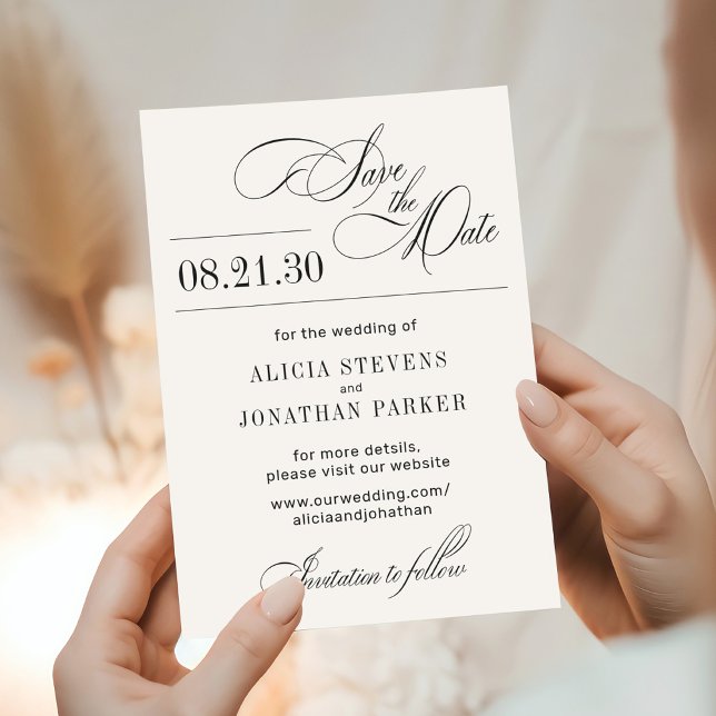 Elegant script modern balck cream ivory wedding save the date (Creator Uploaded)