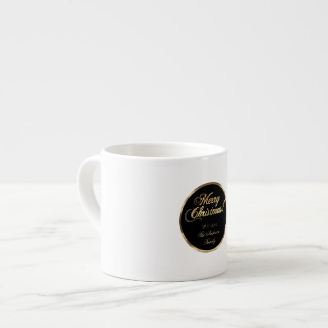 Elegant Script Modern Black and Gold Christmas Espresso Cup (Front Left)