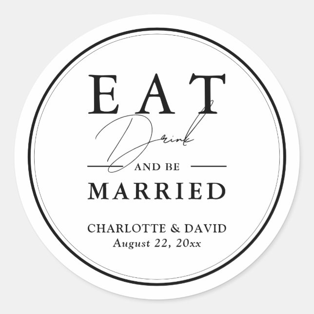 Elegant Script Modern Black and White Wedding Classic Round Sticker (Front)