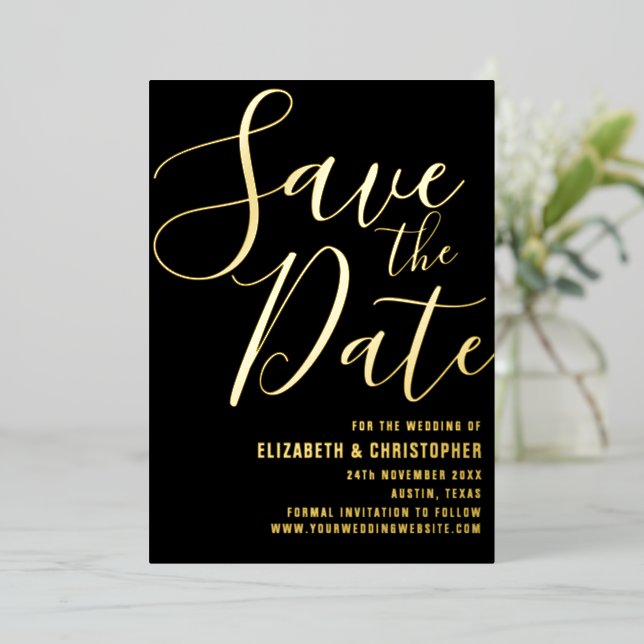 Elegant Script Modern Black & Gold Save The Date (Standing Front)