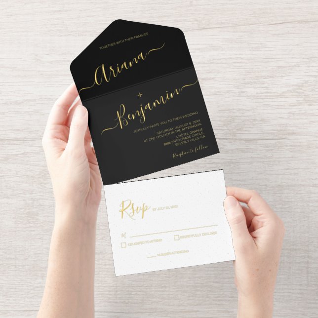 Elegant Script Modern Black White Gold Minimalist  All In One Invitation (Tearaway)