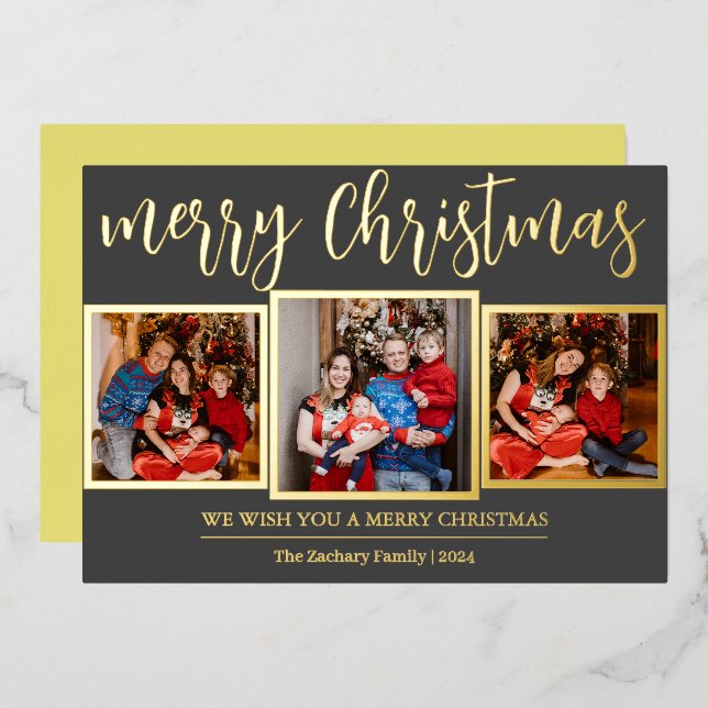 Elegant Script Modern Christmas Family 3 Photo Foil Holiday Card (Front/Back)