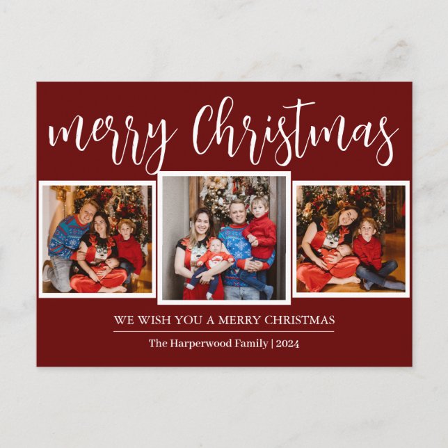 Elegant Script Modern Christmas Family 3 Photo Holiday Postcard (Front)