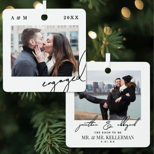 Elegant Script Modern Engagement Photo Metal Tree Decoration