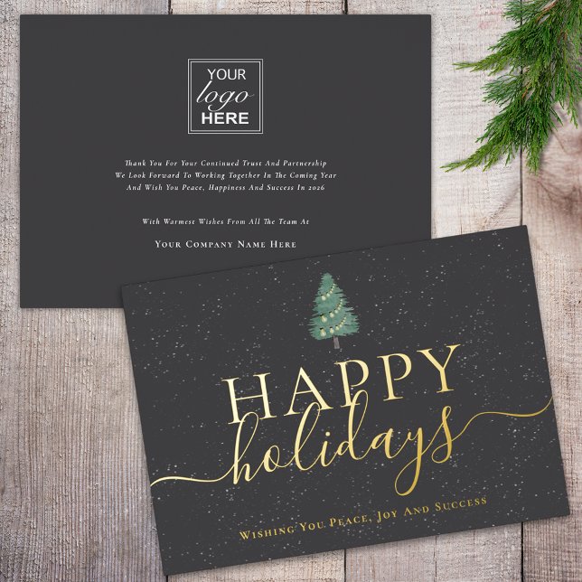 Elegant script modern festive pine tree Business Foil Holiday Card (Elegant script modern festive pine tree Happy holidays christmas tree business logo gray & gold foil)
