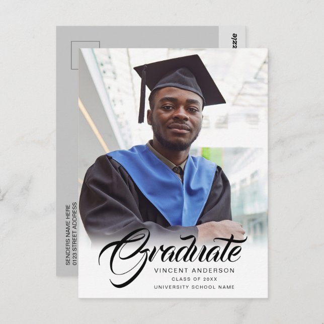 Elegant Script | Modern Grad Photo Announcement Postcard (Front/Back)