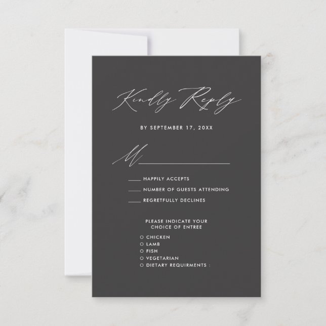 Elegant Script Modern Grey Minimalist Wedding RSVP Card (Front)