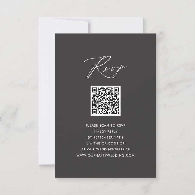 Elegant Script Modern Grey Simple QR Wedding RSVP Card (Front)