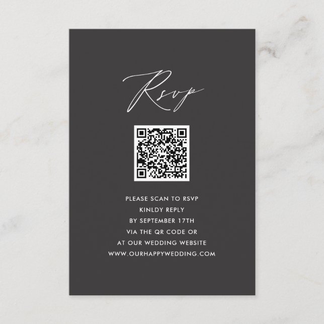 Elegant Script Modern Grey Simple QR Wedding RSVP Enclosure Card (Front)