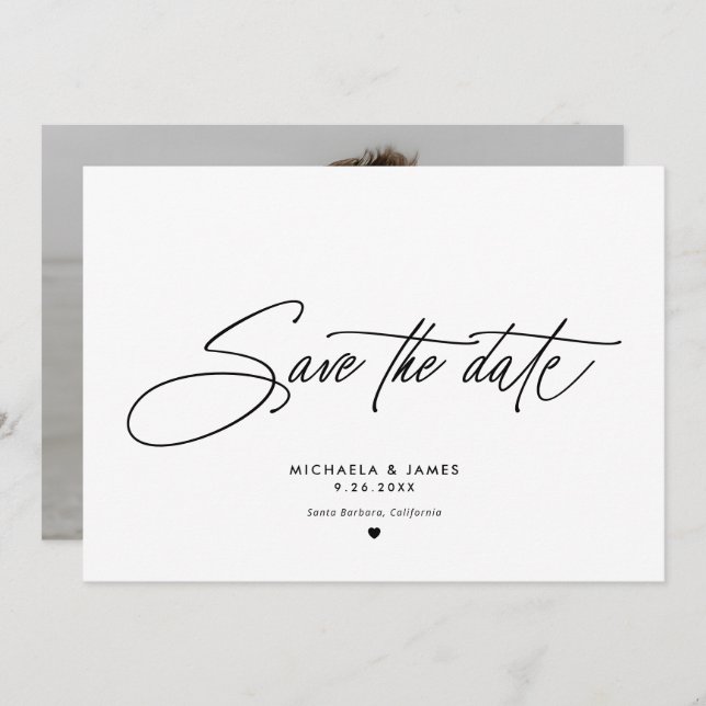 Elegant Script Modern Minimalist Photo Wedding Save The Date (Front/Back)