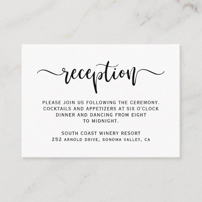 Elegant Script Modern Minimalist Wedding Reception Enclosure Card (Front)