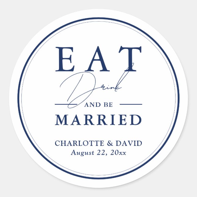 Elegant Script Modern Navy Blue Wedding Classic Round Sticker (Front)