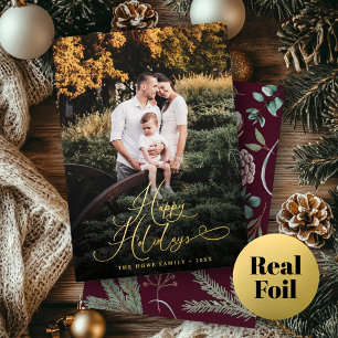 Elegant Script Modern Photo Festive Traditional Foil Holiday Card