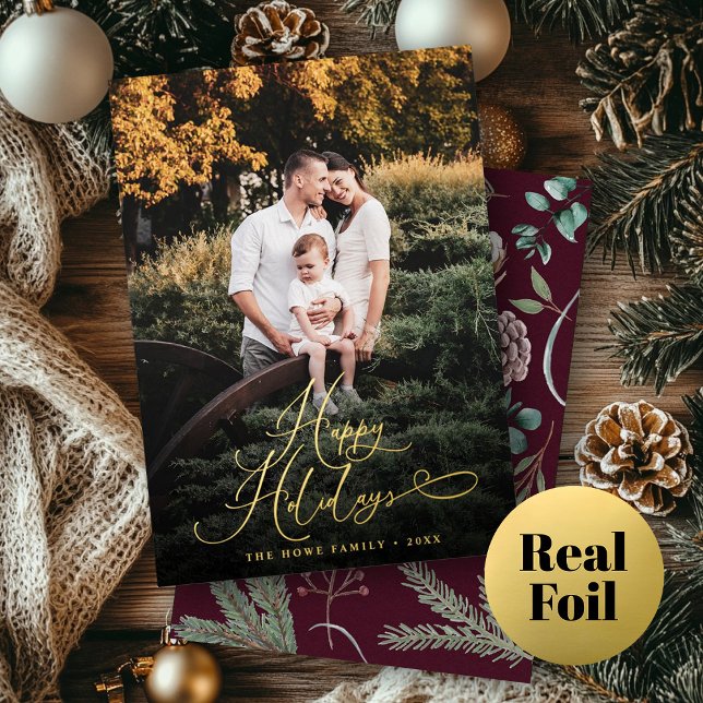 Elegant Script Modern Photo Festive Traditional Foil Holiday Card (Creator Uploaded)