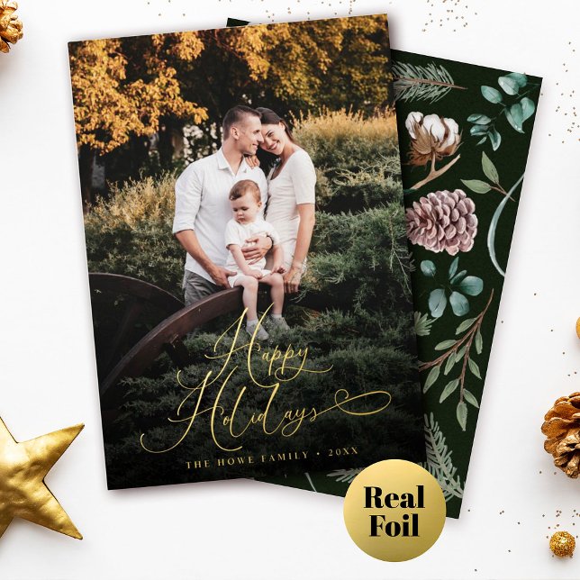 Elegant Script Modern Photo Festive Traditional Foil Holiday Card (Creator Uploaded)