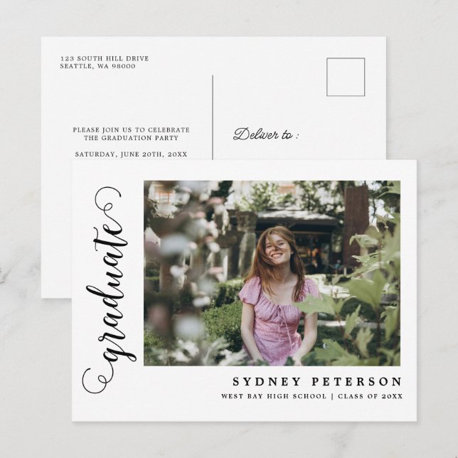 Elegant Script Modern Photo Graduation Invitation Postcard (Front/Back)
