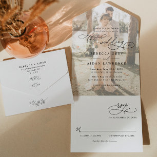 Elegant Script Modern Photo Wedding All In One Invitation