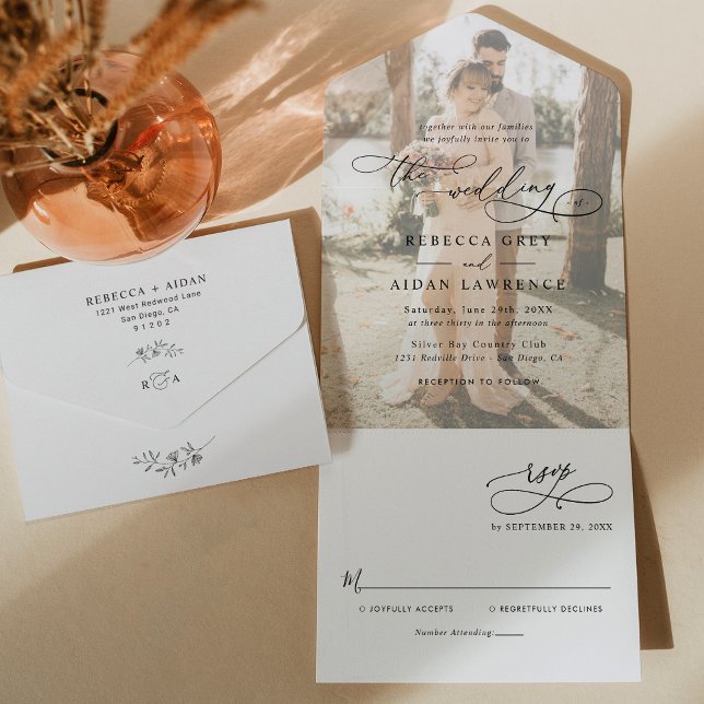 Elegant Script Modern Photo Wedding All In One Invitation (Creator Uploaded)