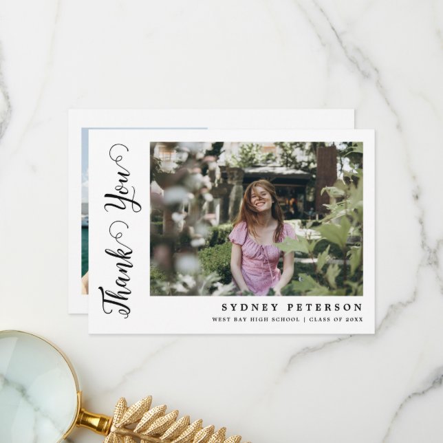 Elegant Script Modern Simple 2 Photo Graduation Thank You Card (Front/Back In Situ)