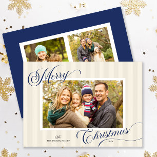Elegant Script Modern Stripe 3 Photos Christmas Holiday Card