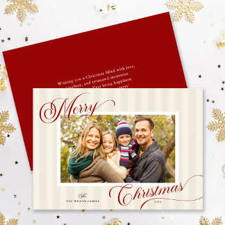 Elegant Script Modern Stripe Photo Christmas Holiday Card