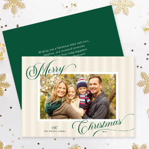 Elegant Script Modern Stripe Photo Christmas Holiday Card