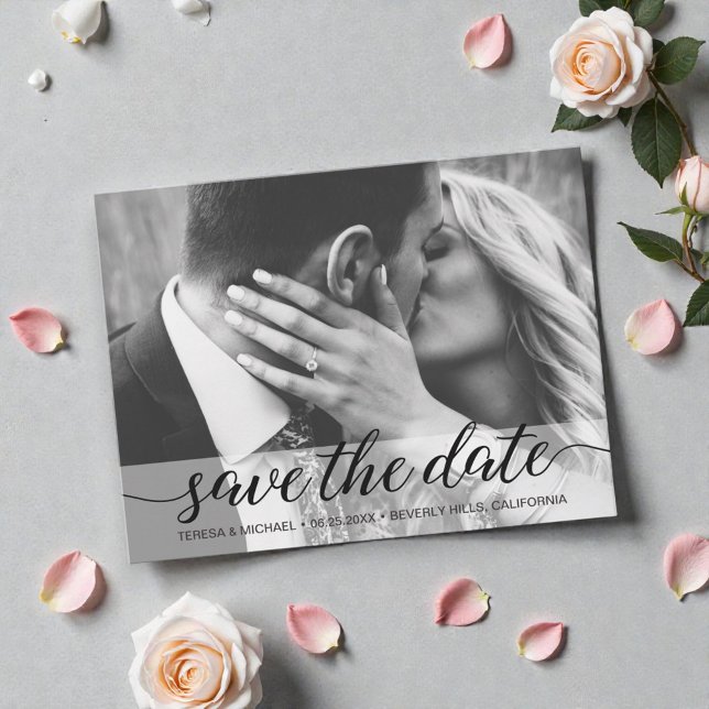 Elegant Script Modern wedding engagement Photo Postcard (Elegant, modern, neutral engagement photo save the date script postcard.)