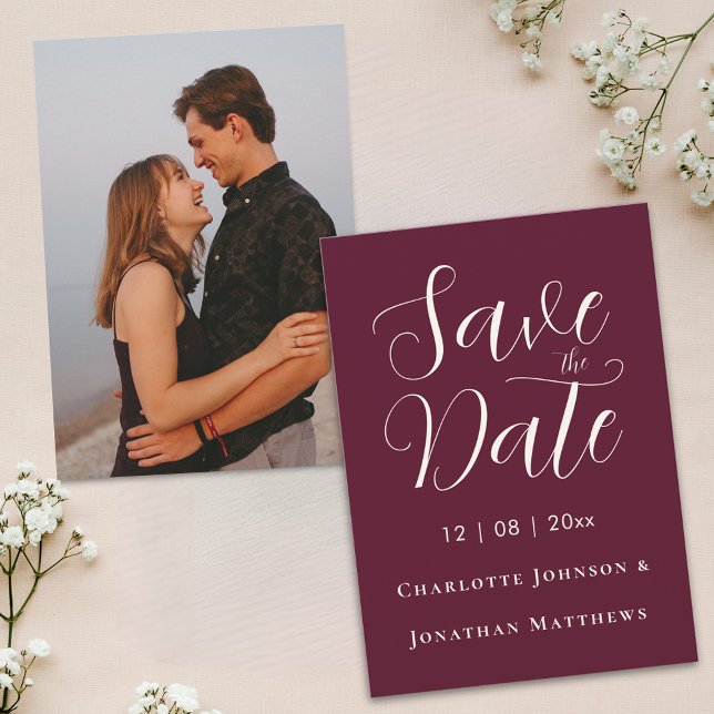 Elegant Script Modern Wedding Photo Save The Date (Modern photo elegant script burgundy cream wedding save the date invitation Portrait full bleed)