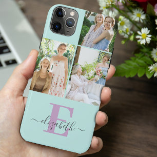 Elegant Script Monogram 3 Photo Mint and Lilac iPhone 11 Pro Max Case