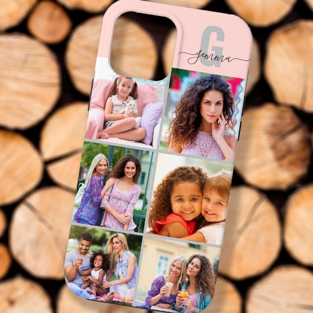 Elegant Script Monogram 6 Photo Pink and Grey Case-Mate iPhone Case (Creator Uploaded)