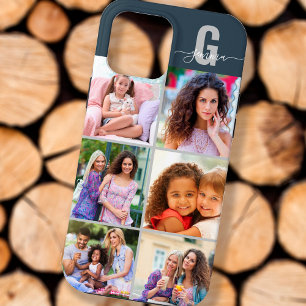 Elegant Script Monogram 6 Photo Slate Blue Grey iPhone 13 Pro Max Case