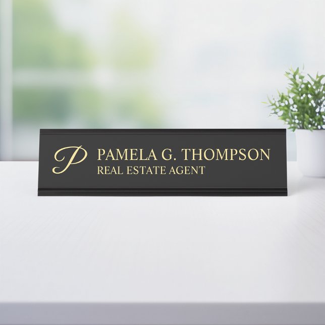 Elegant Script Monogram Black and Gold Desk Name Plate (Creator Uploaded)