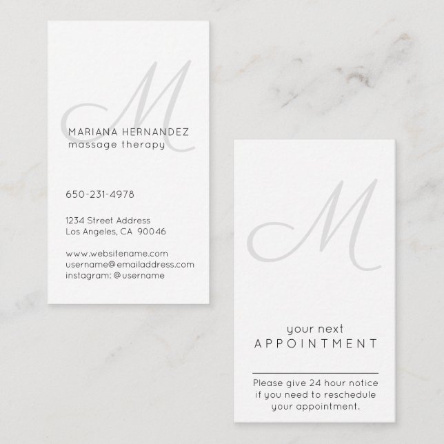 Elegant Script Monogram Black and White Vertical Appointment Card (Front/Back)